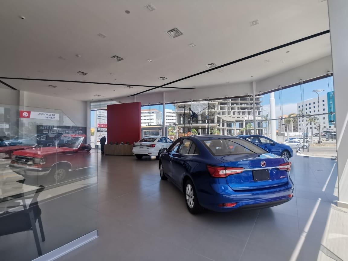 Modern car dealership showroom with blue sedan in foreground, additional vehicles, and city skyline visible through large windows